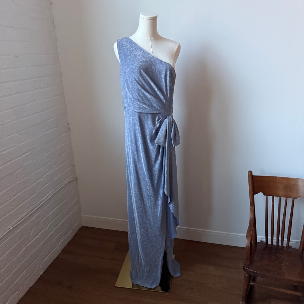Adrianna Papell One-Shoulder Blue and Silver Gown